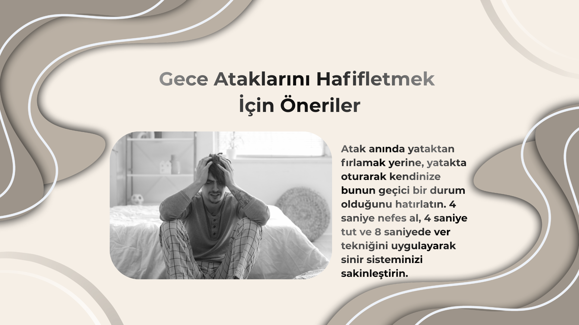 Gece uykudan uyandıran panik atak nedenleri ve çözüm yolları infografiği.