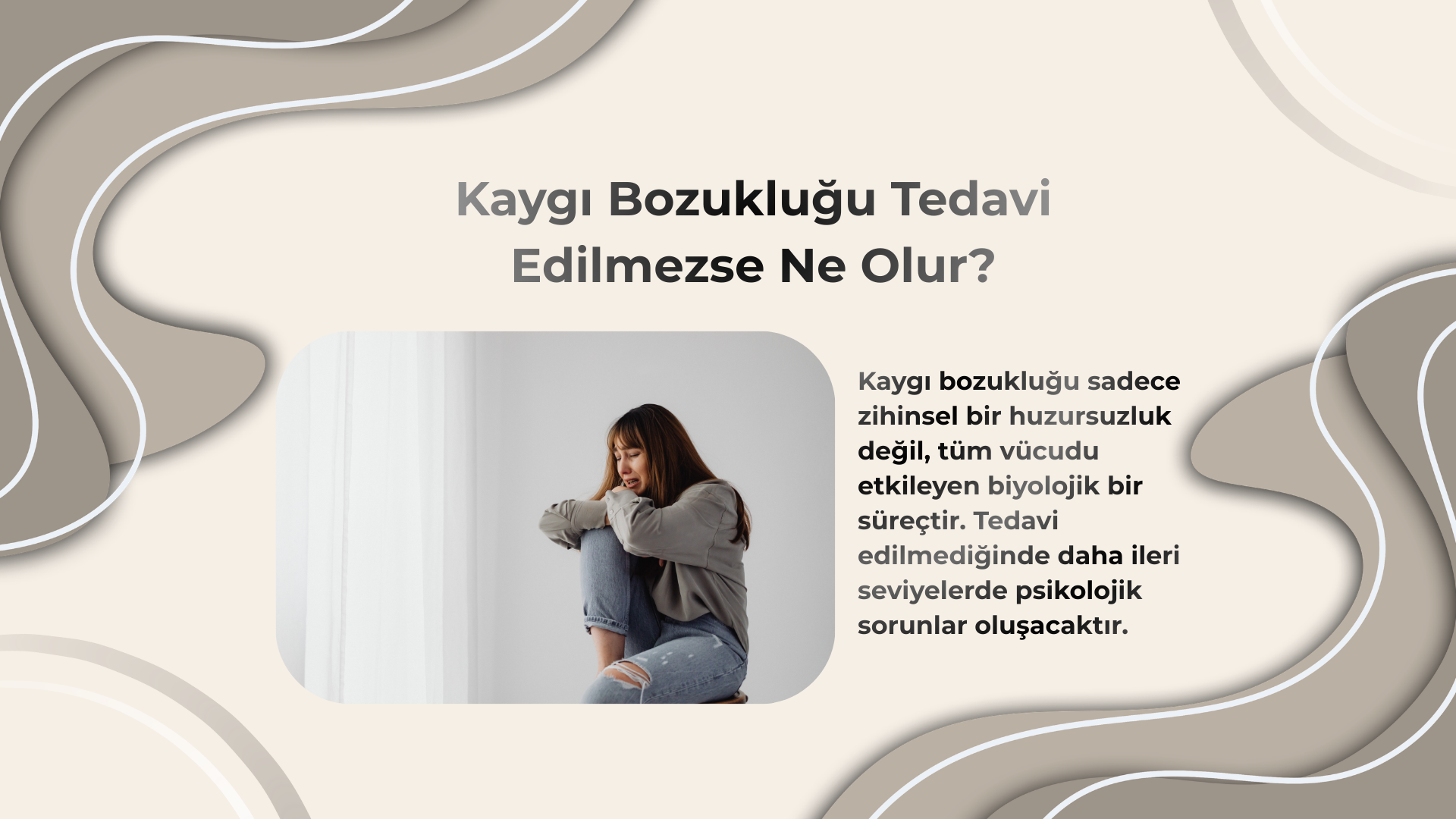 Tedavi edilmeyen kaygı bozukluğunun uzun vadeli etkileri; fiziksel hastalıklar, depresyon ve sosyal izolasyon risklerini gösteren grafik.
